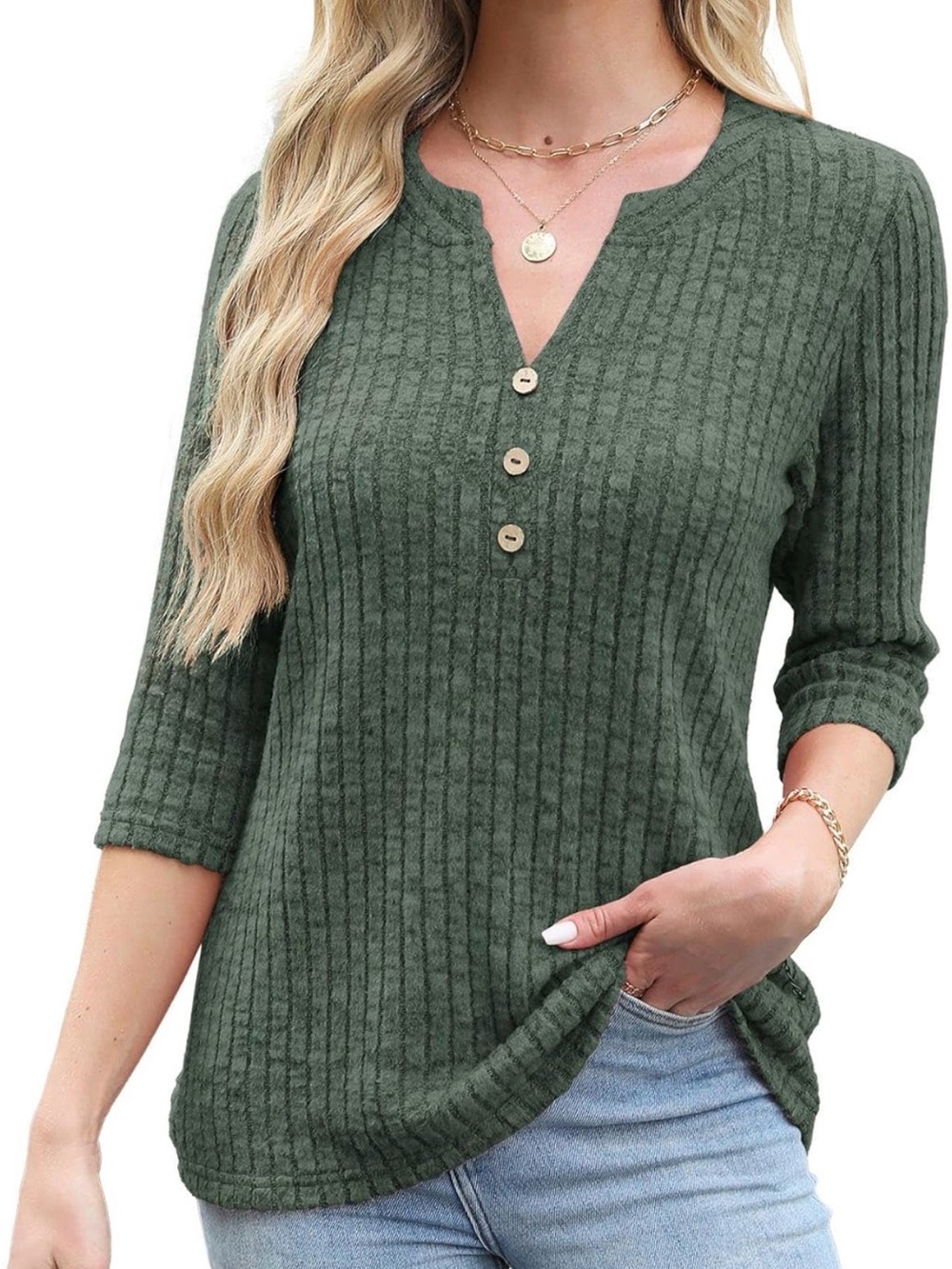 Green Ribbed Knit Top Women’s Large 3/4 Sleeve Button Front Casual Blouse - Picture 2 of 7